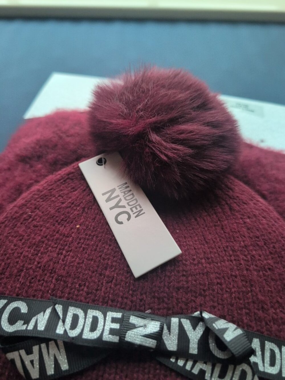 Madden NYC Women's Rhinestone Beanie and Scarf Gift Set, 2 Piece Burgundy (GAR) - Picture 2 of 5